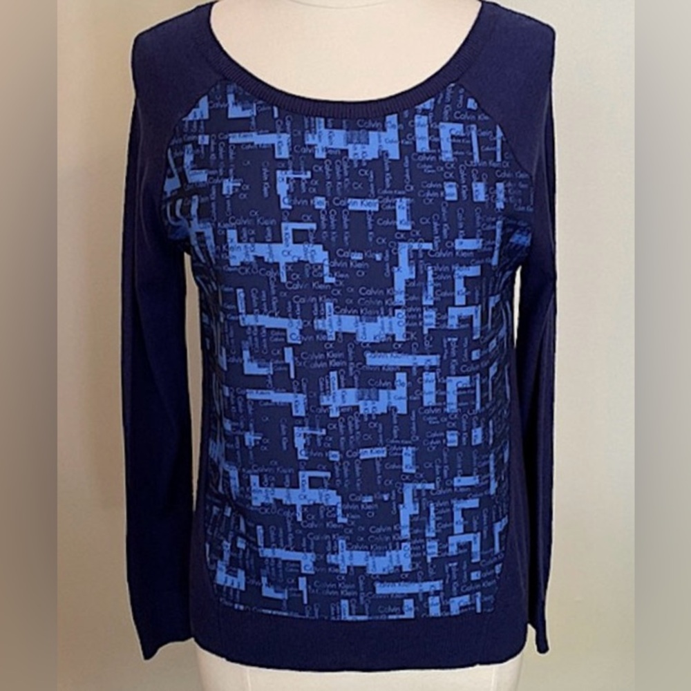Calvin Klein Blue Designer Logo Two-Toned SZ S Preppy Casual Chic Knit Sweater